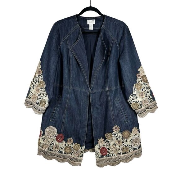 Chico's Jackets & Blazers - Chicos Denim Lace Doilie Long Blazer Jacket Boho Embellishment Size 3 Or XL